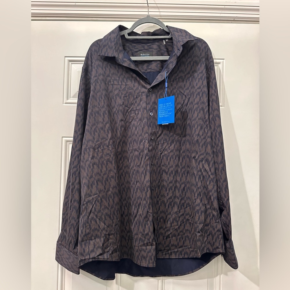 Bugatichi Navy Blue & Tan patterned XXL Men’s long sleeve dress shirt